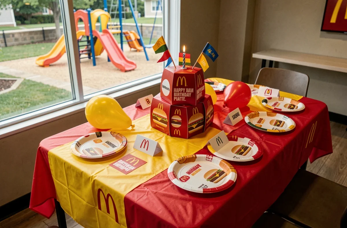 Table décorée pour un anniversaire McDonald's avec ballons, assiettes en carton et décoration festive