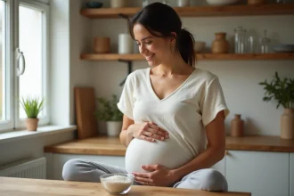 Femme enceinte assise à une table en bois tenant un bol de sel pour réaliser le test du sel fille ou garçon