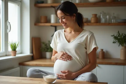 Femme enceinte assise à une table en bois tenant un bol de sel pour réaliser le test du sel fille ou garçon