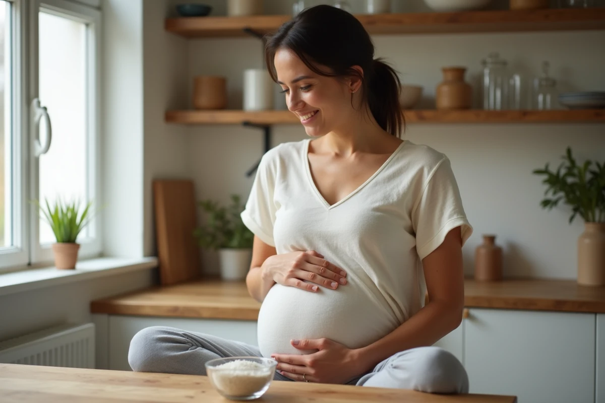 Femme enceinte assise à une table en bois tenant un bol de sel pour réaliser le test du sel fille ou garçon