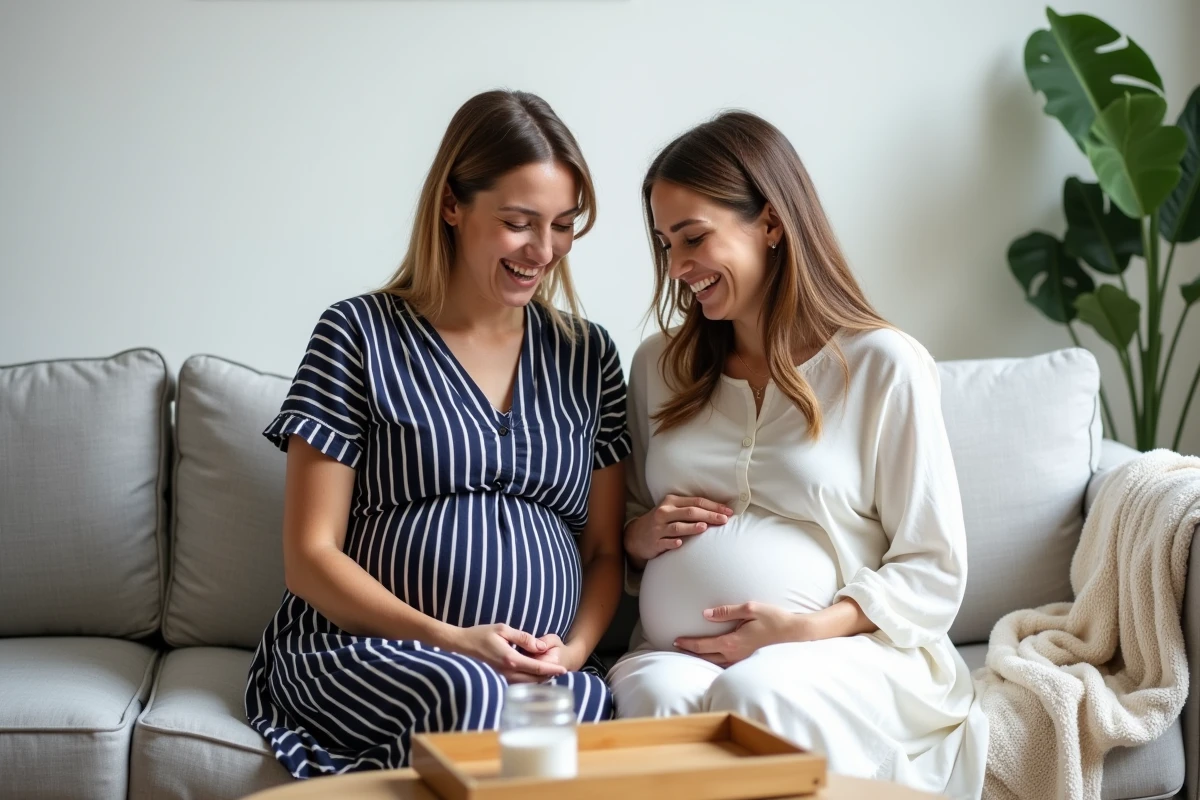 Deux femmes dont une enceinte réalisant ensemble le test du sel pour prédire le sexe du bébé dans un salon moderne