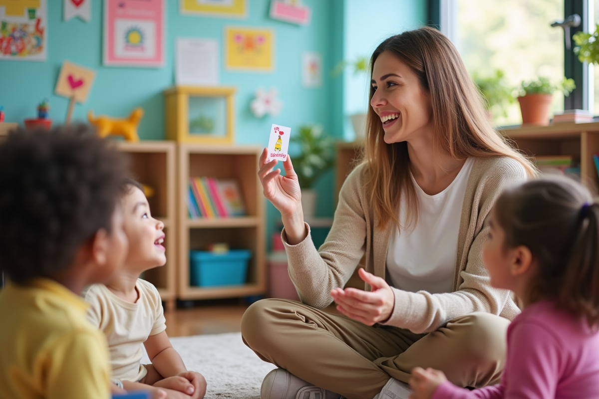 Femme orthophoniste avec enfants dans une classe colorée
