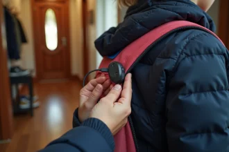 Parent fixant un traceur GPS sur le sac à dos de son enfant avant l'école