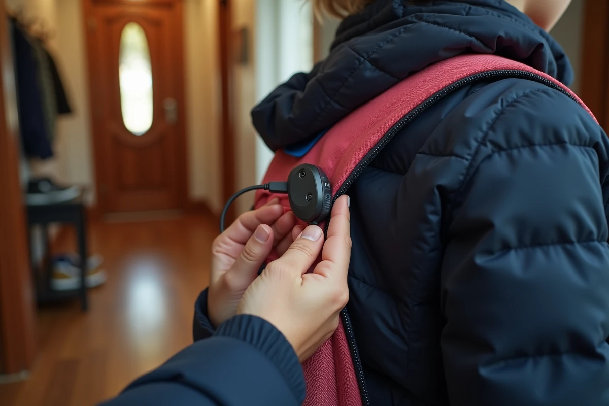 Parent fixant un traceur GPS sur le sac à dos de son enfant avant l'école