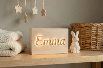 Veilleuse personnalisée avec prénom Emma en bois de bouleau posée sur une étagère de chambre de bébé neutre et cosy
