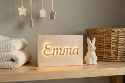 Veilleuse personnalisée avec prénom Emma en bois de bouleau posée sur une étagère de chambre de bébé neutre et cosy