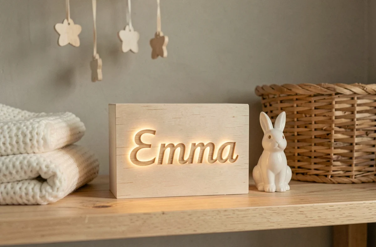 Veilleuse personnalisée avec prénom Emma en bois de bouleau posée sur une étagère de chambre de bébé neutre et cosy