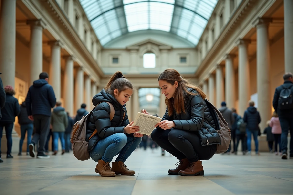 Mère et fille visitant le British Museum à Londres pendant les vacances scolaires dans une grande cour bondée